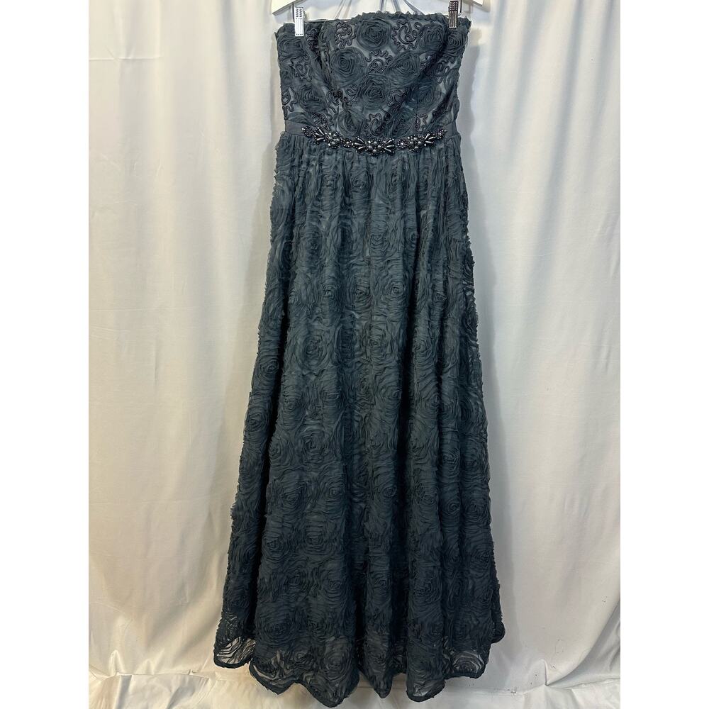 Adrianna Papell Collection Ball Gown Steel Blue Tulle Rosette Dress DAMAGE 10